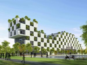 Modern architectural complex with integrated trees and vegetation on each level, representing sustainable design and the rising value of green buildings in urban environments.