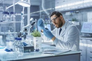 Scientist working in a modern laboratory with advanced equipment and plants under analysis, representing research, innovation, and the growth potential of biotechnology startups.
