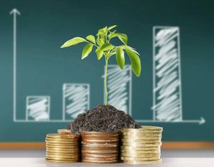 A small green plant growing from a pile of soil placed on stacks of coins, symbolizing sustainable growth, environmental awareness, and the concept of regenerative finance.