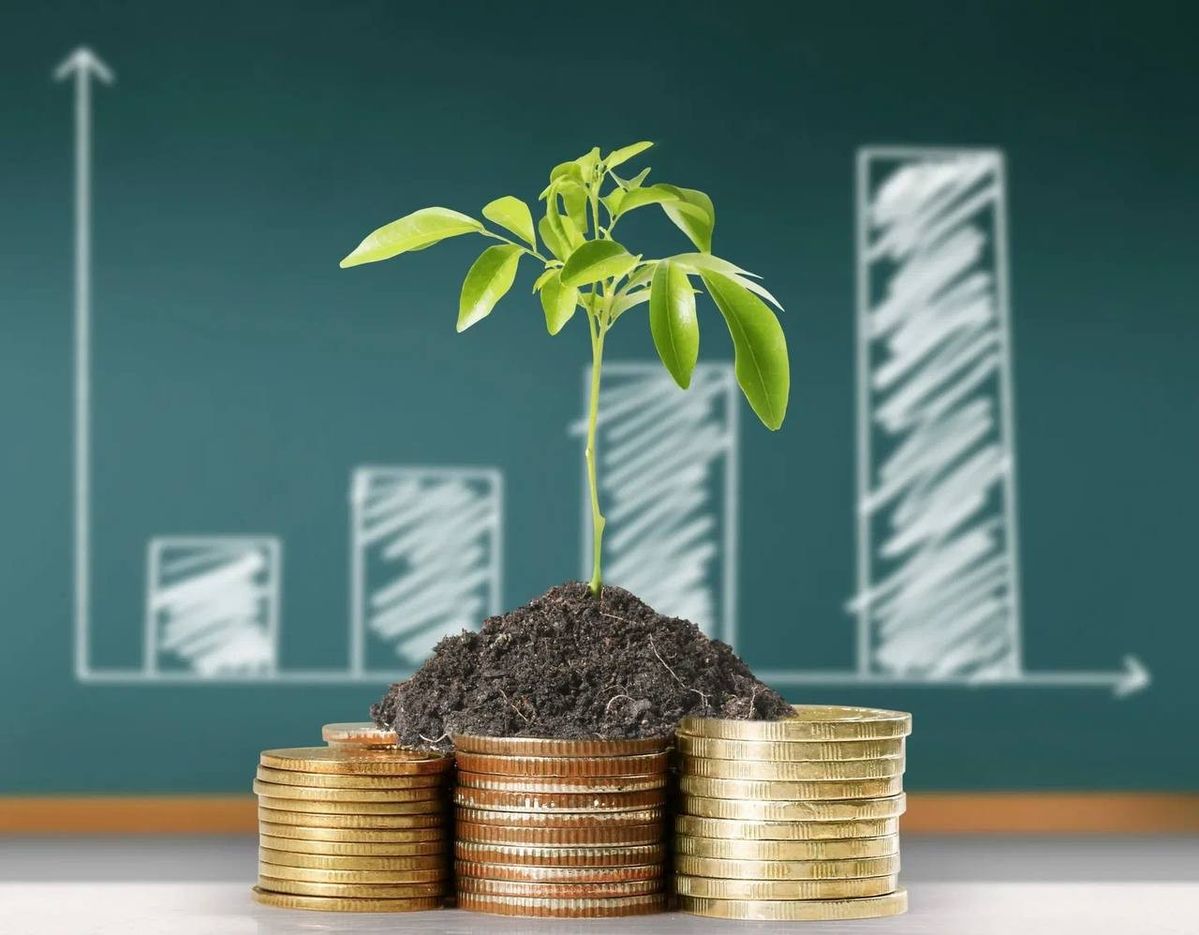 A small green plant growing from a pile of soil placed on stacks of coins, symbolizing sustainable growth, environmental awareness, and the concept of regenerative finance.