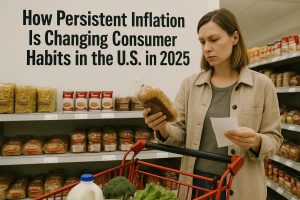 A woman standing in a supermarket aisle examines a loaf of bread while holding a shopping list, next to a red shopping cart filled with groceries such as milk, broccoli, and lettuce. Shelves stocked with pasta, canned goods, and bread are visible in the background. A large headline on the wall reads “How Persistent Inflation Is Changing Consumer Habits in the U.S. in 2025.” The scene reflects rising costs and their impact on household finances.