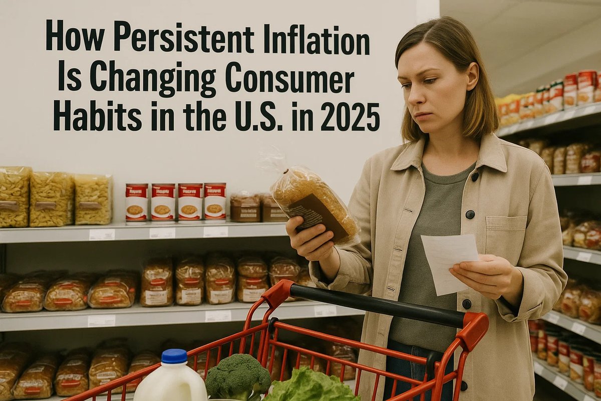 A woman standing in a supermarket aisle examines a loaf of bread while holding a shopping list, next to a red shopping cart filled with groceries such as milk, broccoli, and lettuce. Shelves stocked with pasta, canned goods, and bread are visible in the background. A large headline on the wall reads “How Persistent Inflation Is Changing Consumer Habits in the U.S. in 2025.” The scene reflects rising costs and their impact on household finances.