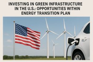 A photograph featuring a U.S. flag waving on a pole in the foreground, set against a clear blue sky. Behind the flag, multiple large white wind turbines stand across a green landscape, symbolizing renewable energy initiatives. On the right side of the image, part of a white electric vehicle is visible as it charges through a black-and-white charging cable. Above the scene, bold text reads: ‘Investing in Green Infrastructure in the U.S.: Opportunities Within Energy Transition Plan.’ The composition highlights the role of clean energy and sustainable investments in America’s transition toward greener technologies.