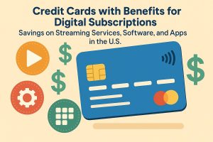 A flat-design illustration featuring a blue credit card surrounded by icons symbolizing streaming, software, and apps, with green dollar signs indicating savings. The background is beige, and the overall theme emphasizes U.S. credit cards offering discounts for digital subscriptions.