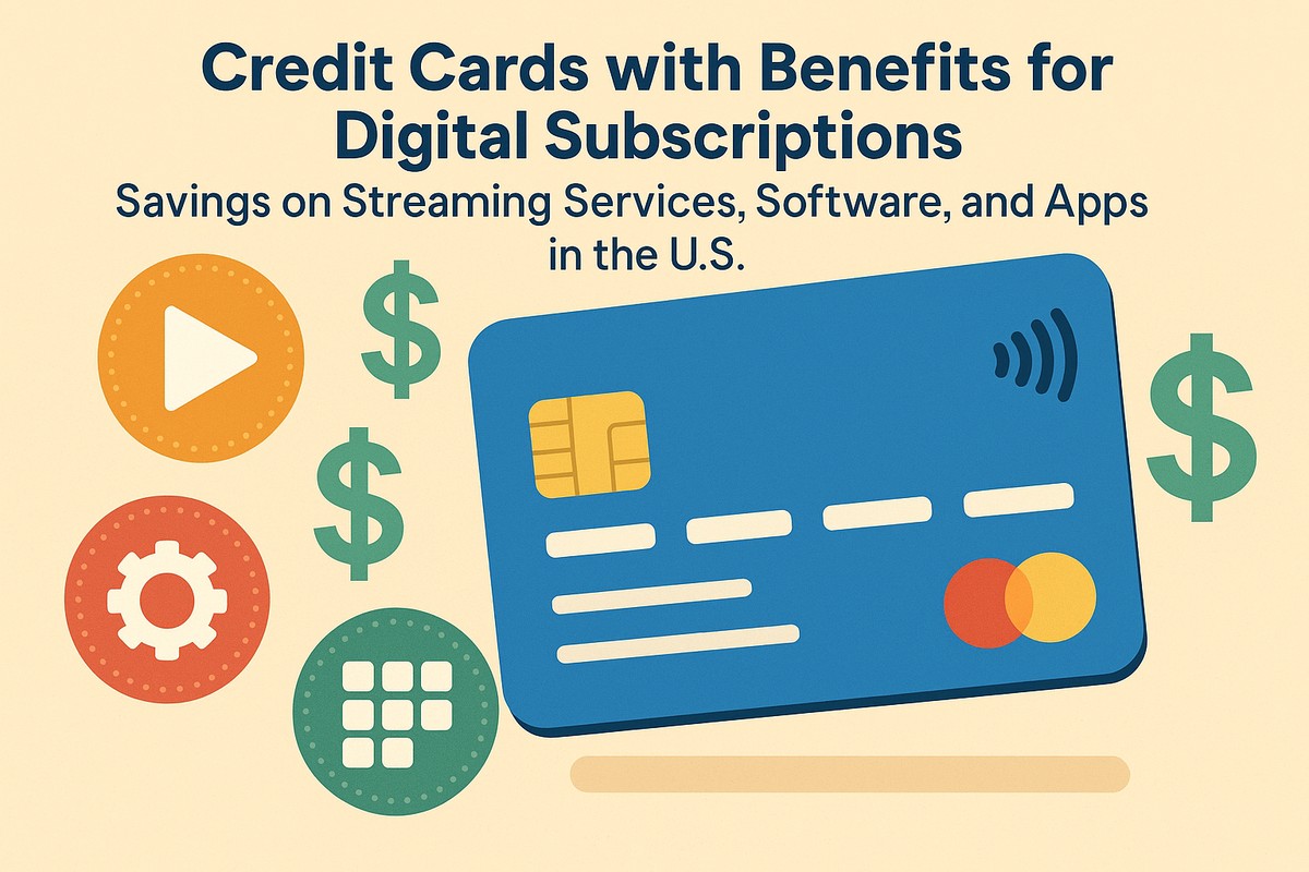 A flat-design illustration featuring a blue credit card surrounded by icons symbolizing streaming, software, and apps, with green dollar signs indicating savings. The background is beige, and the overall theme emphasizes U.S. credit cards offering discounts for digital subscriptions.