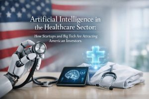 Artificial intelligence in the healthcare sector illustrated by a robotic hand holding a stethoscope beside a tablet displaying a digital brain scan, medical coat, and glowing medical cross, with the U.S. flag in the background, symbolizing innovation, technology-driven healthcare, and long-term investment opportunities in the American medical market.