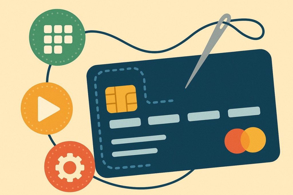 A modern flat illustration of a dark blue credit card stitched together with a thread and needle connecting colorful circular icons representing digital services—apps, streaming, and software—on a beige background, symbolizing personalized digital subscription bundles.